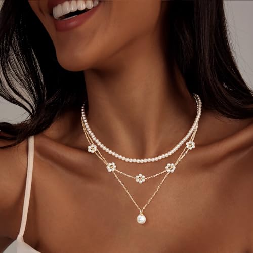 Image of Zeffy Gold Pearl Necklace for Women, Dainty 14K Gold /Silve Plated Layered Pearl Choker Pearl Earrings Pearl Bracelets Wedding Trendy Gold Jewelry Set for Women Gifts