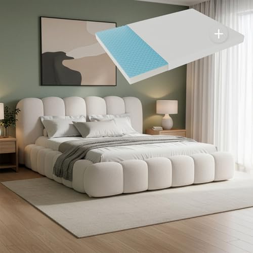 Juskys Polsterbett Catania - Modernes Bubble Design, gepolstertes Kopfteil, inkl. Matratze - 180 x 200 cm - Creme