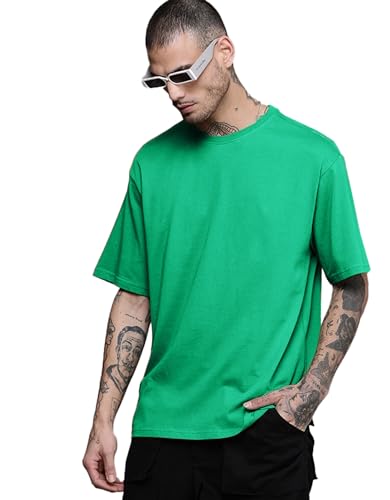 Image of LEOTUDE Half Sleeve Oversized Tshirt for Men, Round Neck Cottonblend Drop Shoulder Solid T-Shirt (Color Multicolor)
