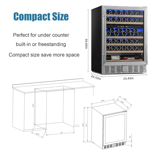Antarctic Star 24 Inch Wine Fridge, 52 Bottle Wine Cooler Refrigerator. 39-64°F Dual Zone Wine Refrigerator Glass Door, Built in or Freestanding Under Counter Fridge for Home Bar Office