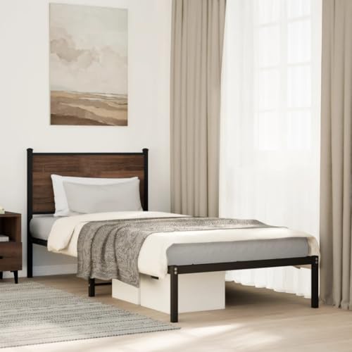 Mokuyary Marco de cama de metal sin colchón roble marrón 75 x 190 cm, marco pequeño de cama individual/doble, fácil montaje, modelo de estilo moderno con cabecera