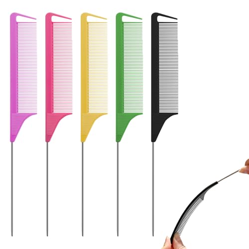 5 Pcs Tail Comb Hair Combs for Women Anti-Static Rat Tail Styling Highlighting Combs for Separating Hair Rat Comb Set Durable Lightweight (purple, rose, green, black, yellow)