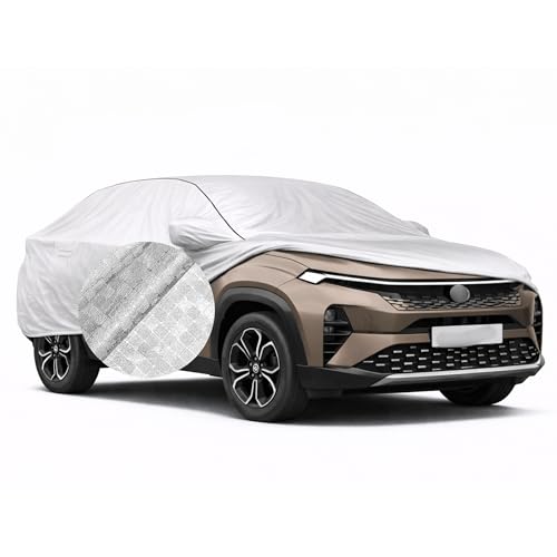 Image of SEAZEN Waterproof Car Cover for Tata Curvv | Dustproof, UV & Scratch Resistant Soft Cotton Lining | Triple Stitched, Mirror Pockets & Elastic Hem | Metallic Silver with Black Piping