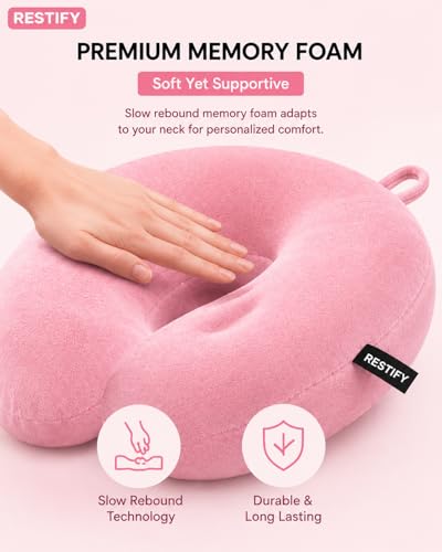 Image of Restify Premium Memory Foam Travel Neck Pillow | Soft Velvet U Shape Neck Support Cushion for Flight, Airplane, Car & Office Travel | Portable Pillow for Men & Women | Pink
