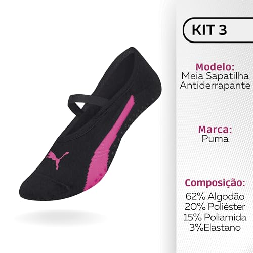 Kit 03 Pares Meias Sapatilha Puma Antiderrapante Pilates Feminino Adulto | KIT F | 34-39