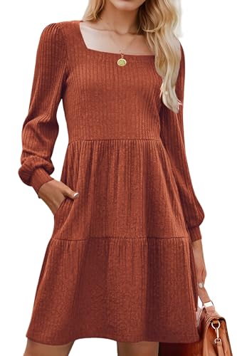 Zeagoo Kleid Damen A Linie Herbstkleid Langarm Elegante Kleider mit Taschen Puffärmel Dünnes Strickkleid Knielang Karamell L