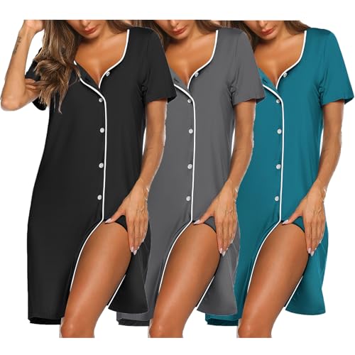Ekouaer Nightgowns for Women 3 Pack Sleep Shirts Button Down Pajama Dress Short Sleeve Nightshirt Sleepwear Nightdress