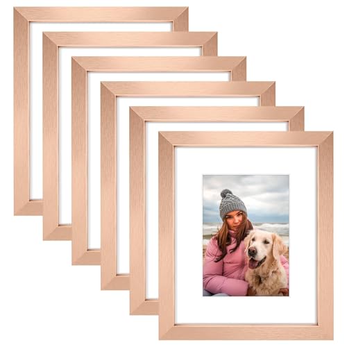 AUEAR 8x10 Picture Frames Set of 6 with Mat for 5x7 or 8x10 without Mat Composite Wood Gallery Photo Frames with Plexiglass Wall Mounting (Rose Gold)
