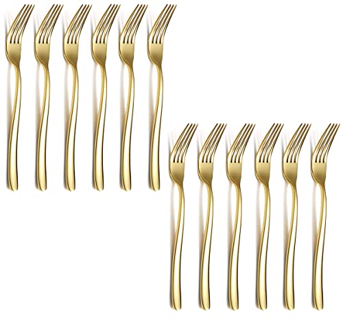 Image of Dinner Forks Food Grade Stainless Steel Silverware Forks,Table Forks,Flatware Forks Mirror Finish & Dishwasher Safe,Use for Home,Kitchen or Restaurant (Gold, Set of 12)