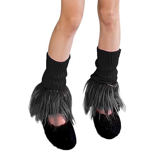 Image of Women Leg Warmer Girls Faux Fur Trim Knitted Leg Cover Lolita Winter Warm Long Socks Furry Boot Cuff
