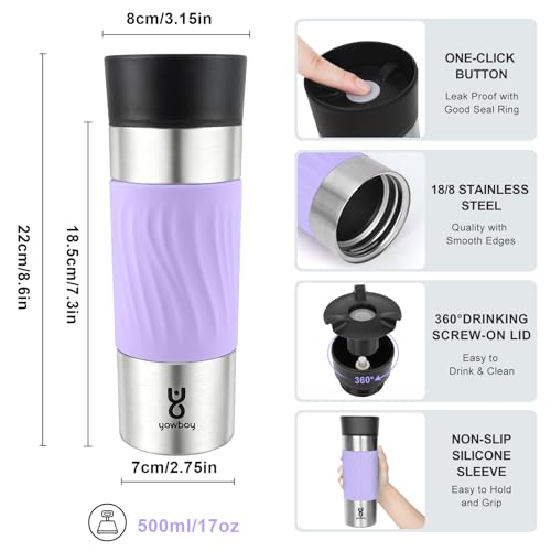 Image of Travel Coffee Mug Spill Proof,17 Oz Travel Mug with 360Drinking Lid,Double Wall Vacuum Insulated Coffee Travel Mug Stainless Steel Thermal Coffee Thermos Mugs for Hot and Cold Drinks(Light Purple)