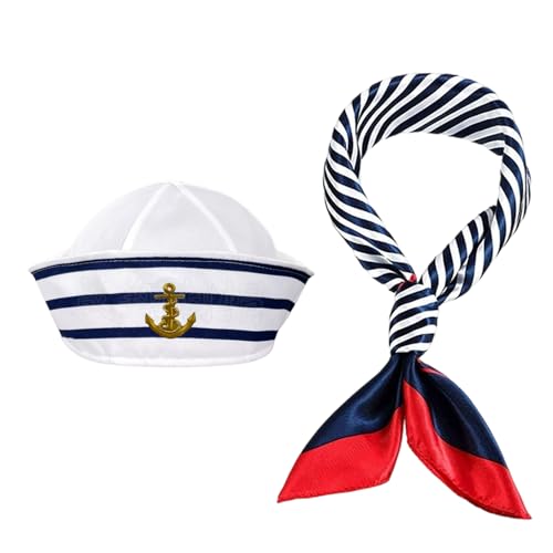 AIWXEEU Conjunto de gorro e cachecol de marinheiro para homens e mulheres, conjunto de chapéu e cachecol de marinheiro às riscas, boné de barco marinheiro, para festas iates carnaval festas temáticas
