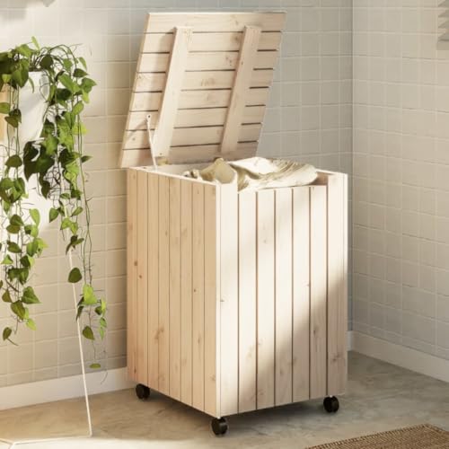 qohoio Laundry Basket with Wheels RANA 45x45x64 cm Solid Wood Pine,Laundry Basket,Compartment Laundry Hamper,Removable Laundry Bags,Laundry Sorter,Shelf