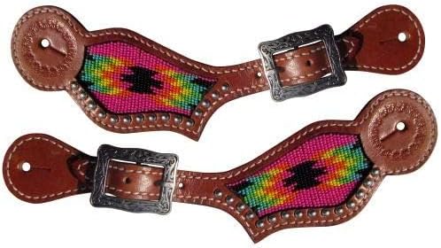 Showman Leather Spur Straps w/Hot Pink Beaded Navajo Design