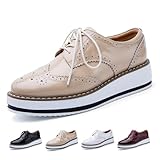 OXNEUHG Women's Patent Leather Platform Wingtips Brogue Oxfords Fashion Lace-Up Round Toe Printed Wedge Dress Shoes Comfort Business Casual Formal Shoes (9,Khaki)