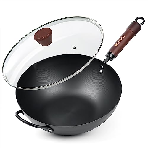 Bielmeier Wok Pan with Lid, Versatile and Durable Carbon Steel Wok - Natural Non-Stick Woks and Stir Fry Pans, Flat Bottom Wok Suitable for All Cooktops - Perfect for Asian Cuisine Bielmeier Wok Pan with Lid, Versatile and Durable Carbon Steel Wok - Natural Non-Stick Woks and Stir Fry Pans, Flat Bottom Wok Suitable for All Cooktops - Perfect for Asian Cuisine