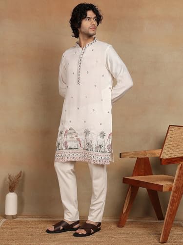 Image of Amazon Brand - Tavasya Men Printed Kurta with Ethnic Motif Border | Special Haldi Kurta | Festive Embellished Long Kurta | Embroidery Kurta | Ethnic Wear | Mandarin Collar | Knee Length