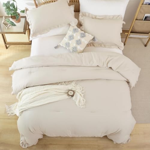 Image of JANZAA Beige Comforter Set Queen - Soft Microfiber, Lightweight All Season Bedding, Ruffle Shabby Chic Aesthetic, Breathable Cozy Bed Set with 2 Pillow Shams, Machine Washable