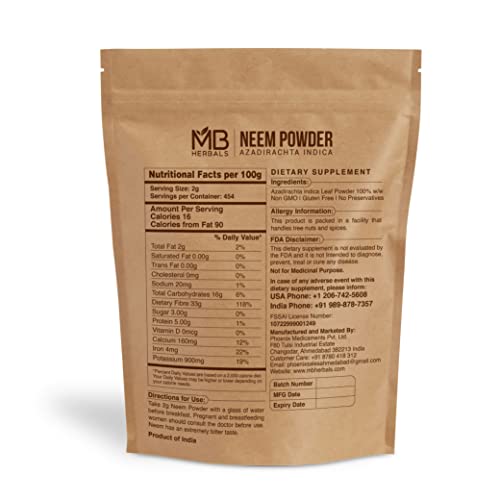 Mb Herbals Pure Neem Powder 32 Oz | 2 Lb | 908 Gram | 100% Pure Wild-Crafted Neem Leaf Powder | Very Bitter Neem Supplement For Skin Hair & Detox | Azadirachta Indica #TOP1