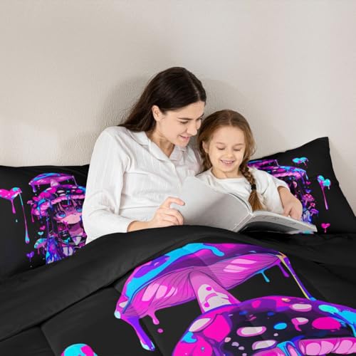 Image of Erosebridal Mushroom Girl Comforter Set for Kids Boys Girls 3D Japanese Girly Bedding Watercolor Graffiti Duvet Set Cute Anime Gifts Comforter Full with 2 Pillowcases
