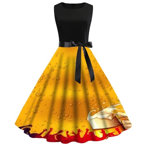 Vestido Informal de Verano con Cuello y Manga Corta para Mujer cinturón extraíble Vestido Informal con Estampado de Oktoberfest (Orange S)