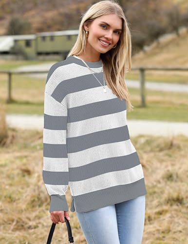Image of Zeagoo Women 2026 Fall Lightweight Oversized Sweater Crew Neck Long Sleeve Color Block Pullover Rib Knit Blouse Tops XS-2XL