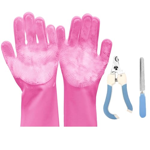 Furry Pet Grooming Gloves, Soft Dog Cat Glove for Grooming, Bathing, Shower with Nail Scissors and Nails File