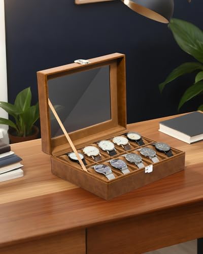 Image of Uten 10-Slot Watch Box, PU Leather Watch Case with Glass Lid, Brown | Watch Jewelry Storage Organizer Display with Velvet Lining, fits Watch Size up to 48mm, Gift for Men and Women, Celebration