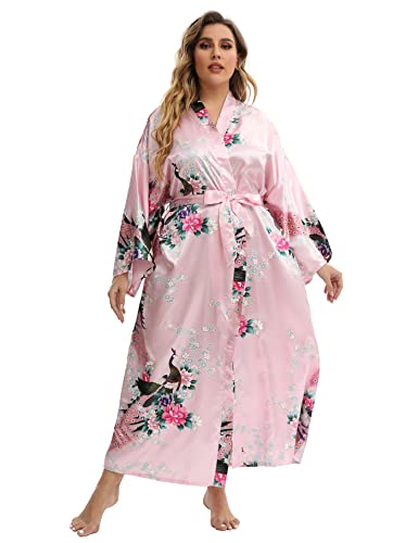 Image of Women's Floral Long Satin Robes Plus Size Long Silk Robes Peacock Floral Kimonos Sleepwear Dressing Gown