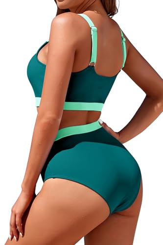 Image of Womens High Waisted Bikini Sets Sporty Crop Top Color Block Swimwear Bandeau Scoop Neck Vintage Two Piece Bathing Suits