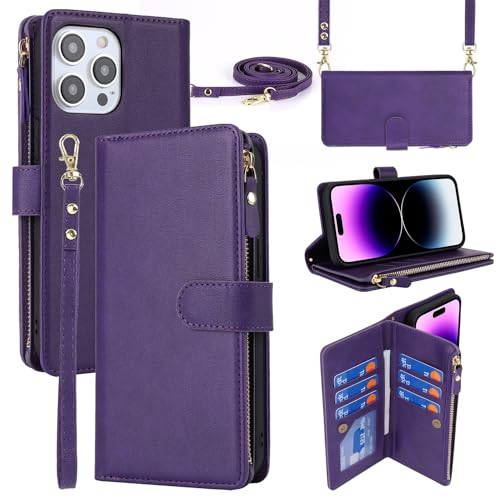 Coque en cuir synthétique violet iCoverCase pour iPhone 15 Pro avec finitions zippées
