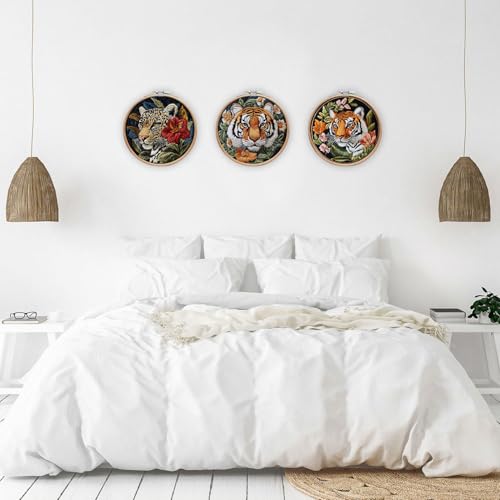 Image of LB Red Floral Embroidery Kit for Beginners Adults, 3 Sets Hand Embroidery Starter Kit with Tiger Pattern and Instructions Stamped Cross Stitch Kits Include Embroidery Hoop Needles Threads Scissors