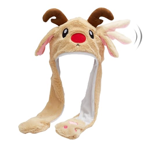 Rayson Gorro de Navidad en Peluche Invierno Cálido Gorro de Papá Noel Reno con Orejas Móviles para Niños y Niñas(Caqui - Renos)