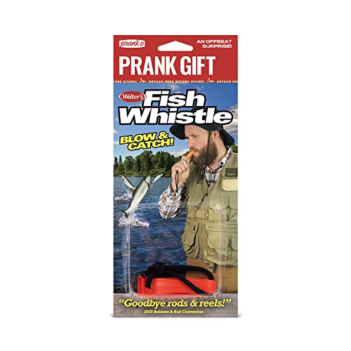 A fake 'fish-luring whistle' product box designed purely to fool someone into thinking it's a real gadget — peak prank gift execution from a trusted brand.
