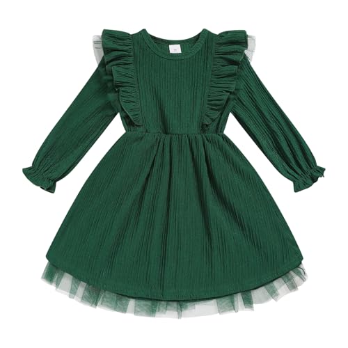 Sinhoon Toddler Girl Dress Fall Ruffle Long Sleeve Baby Girl Solid Color Casual Dresses(dark green,5T)