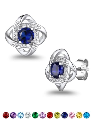 Suplight Love Knot Birthstone Earrings for Women, S925 Sterling Silver Earrings Flat Back Diamond Stud Earrings Christmas Gifts for Women Emerald Sapphire Earrings Birthday Gifts for Women Wife Mom