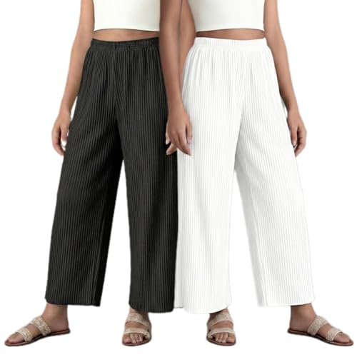 Image of Set of Combo Trouser and Pants for Girls and Women's Relaxed Fit Stretchable Regular Fit Palazzos Lightweight Elastic Waistband Bottoms for Daliy Office & Casual Wear