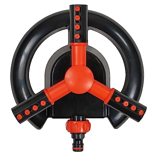 3-Arm Rotating Lawn Sprinkler | Adjustable Spray Angles | 85m² Coverage | 8 ABS Base | Quick Hose Connector | Durable Black/Orange Design for Garden & Lawn Irrigation