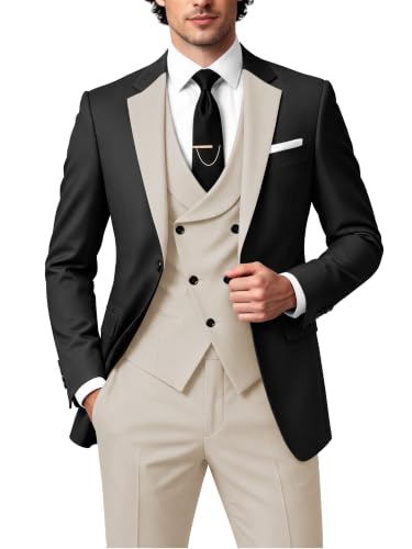 Wangyue Prom Suits for Men Double Breasted Suit 3 Piece Slim Fit Beige Tuxedo for Men Wedding 3 Piece Formal Tuxedo Groos Elegant Business Dinner Party One Button Size 2XL