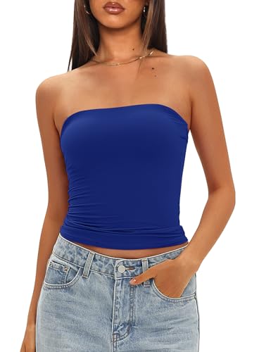 Darong Womens Tube Tops Strapless Crop Tops Double Lined Basic Going Out Tank Top Bulit in Bra 9205 Royal Blue M