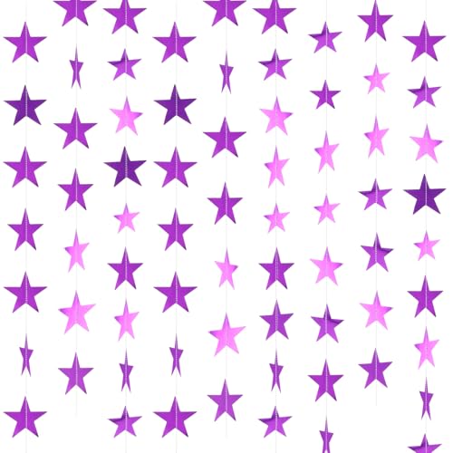 Image of Spakon 65 Feet Glitter Star Paper Garland Banner Hanging Decoration Star Streamers Double Side 2026 Graduation Decorations for Wedding Birthday Festival New Year Party Decoration (Purple)
