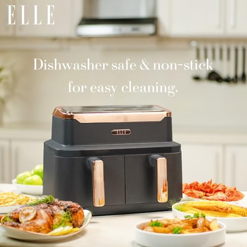 ELLE Dual Air Fryer Grey with Rose Gold, 10-in-1 Cooking Methods, Oil Free Cooking, Non-Stick & Dishwasher Safe, Smart & Match Cook (Dual Basket) - Image 8