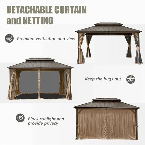 Domi Hardtop Gazebos 10x12FT, Aluminum Metal Gazebo with Galvanized Steel Double Roof Canopy, Curtain and Netting, Permanent Gazebo Pavilion for Patio, Backyard, Deck and Lawn, Brown