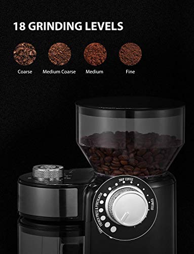 Burr Coffee Grinder, Large Hopper Electric Burr Mill with 18 Grinding Options for 2-14 Cups, Automatic Burr Grinder for Drip, Percolator, French Press, American, Italian Coffee Makers, TIBEK
