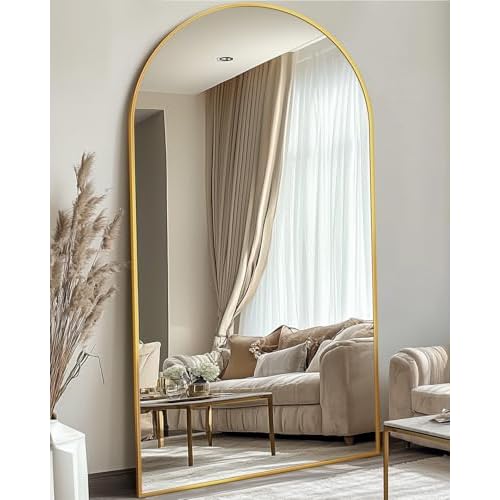 Full Length Mirror, 81″x41″ Oversized Floor Mirror Freestanding, Full Body Floor Standing Mirror with Stand, Hanging Mounted for Bedroom Living Room, Gold, Arched Style