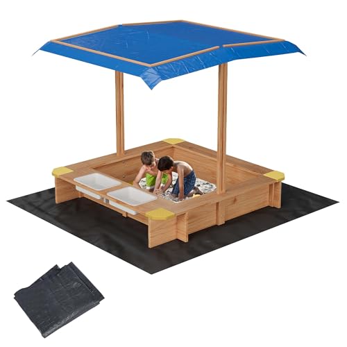Wood Sandbox with Canopy, Outdoor Play Area with Side Buckets and Drainage Liner for Kids Ages 1-3, Sand Pit with Cover Bottom Liner for Backyard Garden Beach