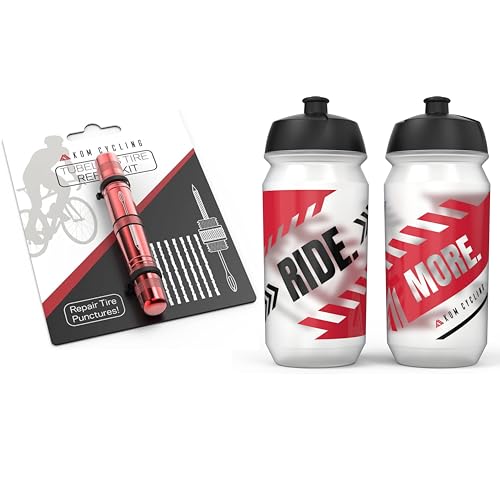 KOM Cycling Tire Repair Tool (Red) + 2X Ride More Water Bottles