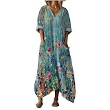 Vestidos de Fiesta Mujer Elegantes Largo Verano Lino Algodón Cuello V Manga 3/4 Estilo Vintage Estampado Étnico Geométrico Vestido Playeros Sueltos Casual Talla Grande Dress Ropa con Bolsillos