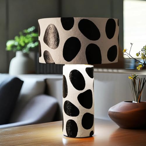 Image of Handcrafted Rhythm Dome Table Lamp with White & Black Spotted Pattern, Modern Decorative Bedside Lamp, E27 Bulb Compatible (53 cm H x 35 cm W) (White, Black (Spotted Design))
