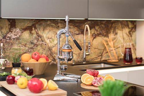 Foto von Zitruspresse in Handelsgüte, Handpresse, manuelle Fruchtpresse, Saftpresse für Orangen, Zitronen, Granatäpfel, Chrom